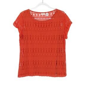 Chicos Coral Peach Open Knit Crochet Blouse Short Sleeve 2 Small Boho Causal